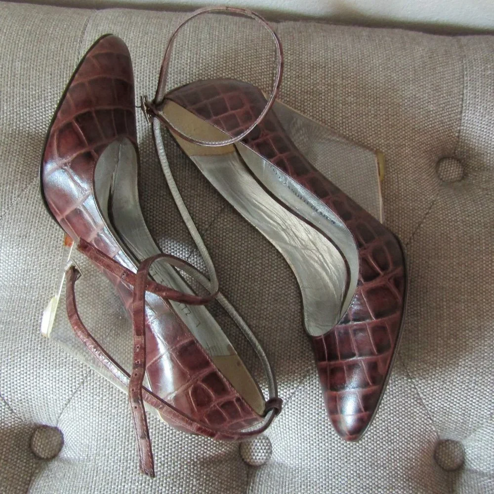 Giuseppe Zanotti Ankle Wrap Leather Lucite Wedge Heels